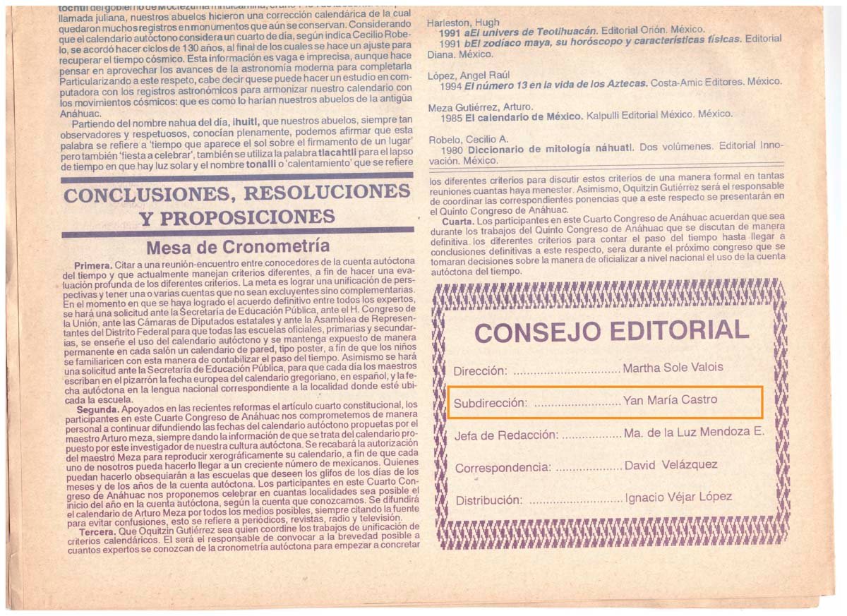 "Huehuetlatoli" No. 1, Marta Solé, 1994, Cultura Mexica. Pag. 1, dibujo "DANZANTE MECHICA". Año 1994.