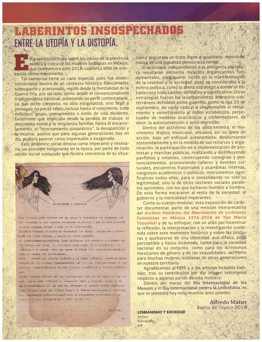 " Archivo Histórico del Movimiento de Lesbianas Feministas en México, 1966-2020 - YMY", Galería José Ma. Velasco, INBA, pag. 7, "MIS KA´AN Ú", Pags. 2 y 3 iconografía. Año 2018.