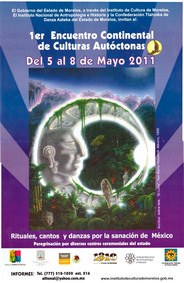 "Primer Encuentro Continental de Culturas Indígenas", Jefa Ailtonal, 2013, cartel y folleto, pintura "EL LUNO".